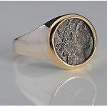  Ancient Roman Bronze Coin in Ladies 14kt Gold and Sterling Silver Coin Ring  A.D. 336-361 size 7